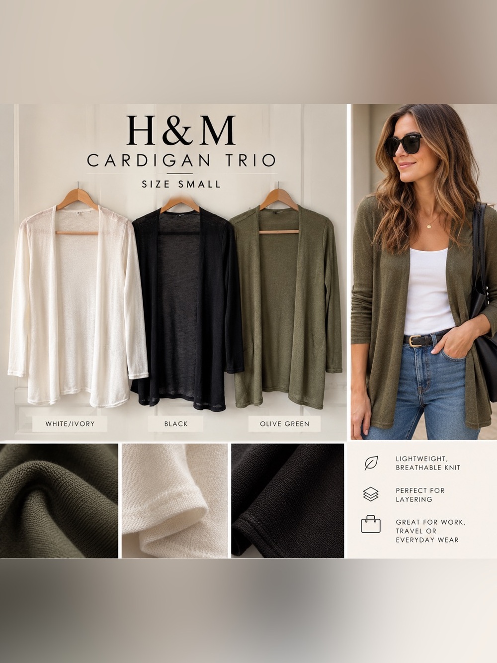 H&M Women’s Cardigan Trio — White, Black & Olive Green